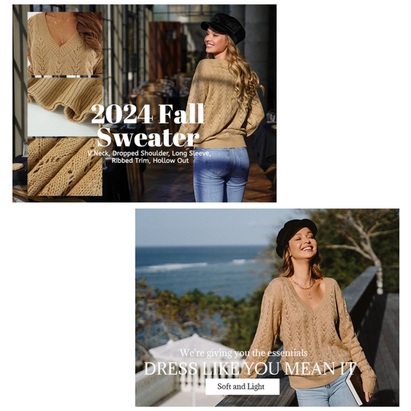 NWT Cupshe Brown Beige Pointelle V Knit Crochet Long Light Spring Sweater S - Picture 7 of 13